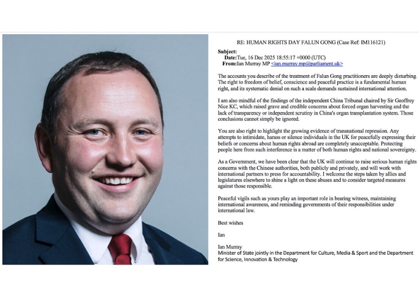 Image for article รัฐมนตรีช่วยว่าการของสหราชอาณาจักรแสดงความสนับสนุนกิจกรรมวันสิทธิมนุษยชนของกลุ่มฝ่าหลุนกง